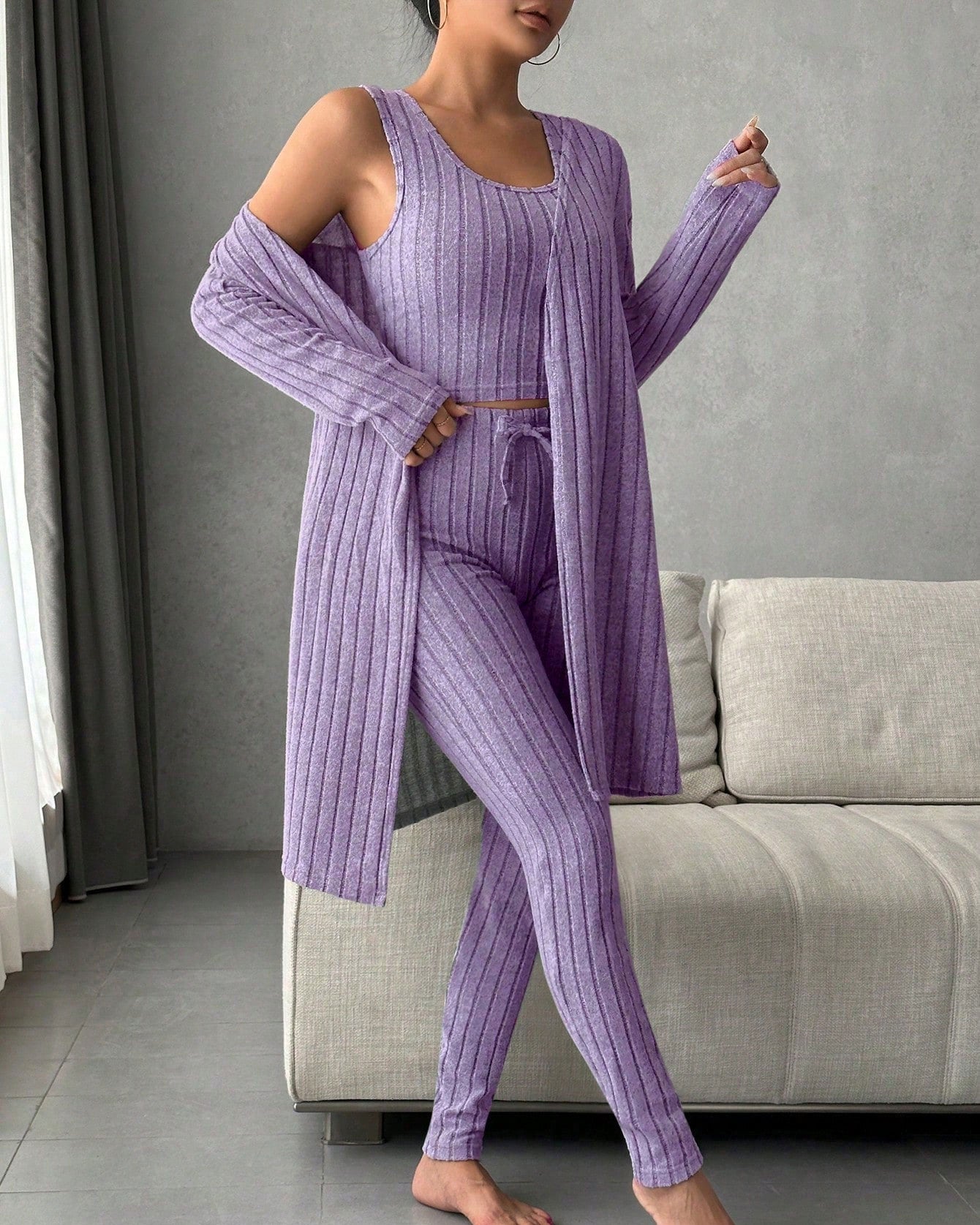 Women's Solid Ribbed Tank Top & Pants & Open Front Long Sleeve Outwear