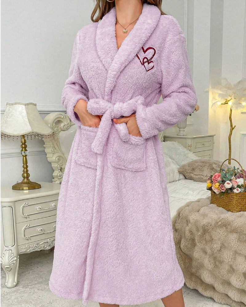 Soft Heart Embroidered Plush Robe – Cozy & Elegant