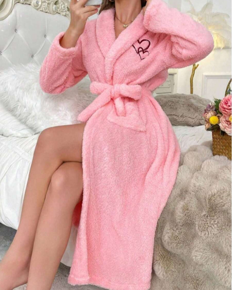 Soft Heart Embroidered Plush Robe – Cozy & Elegant