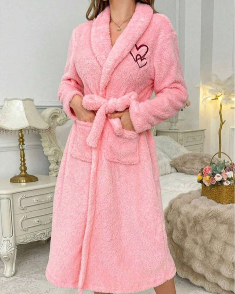 Soft Heart Embroidered Plush Robe – Cozy & Elegant