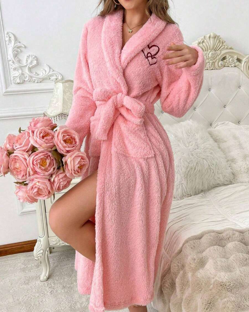 Soft Heart Embroidered Plush Robe – Cozy & Elegant