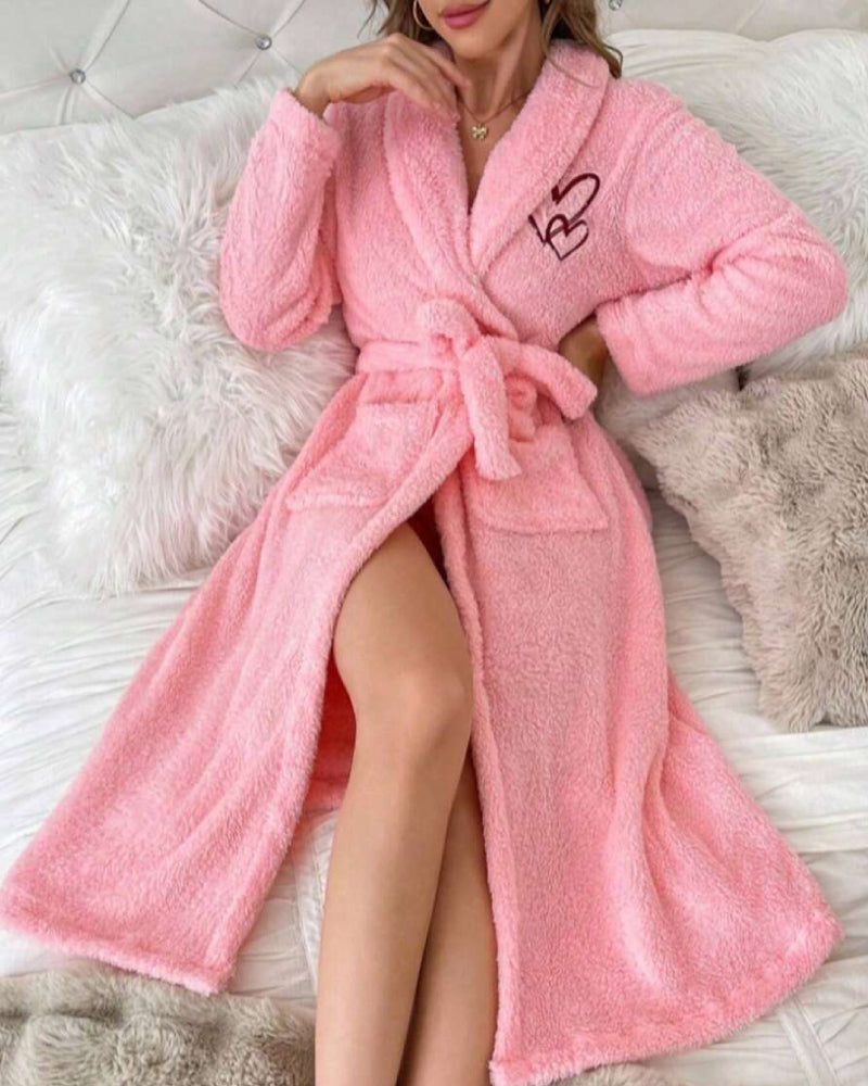 Soft Heart Embroidered Plush Robe – Cozy & Elegant