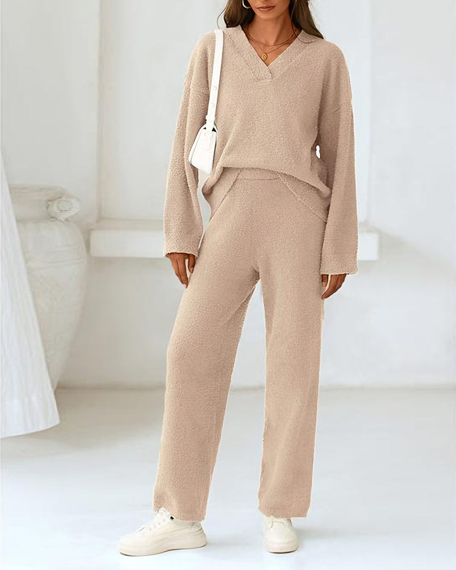 Ultra Soft Marshmallow 2-Piece Lounge Set – V-Neck Top & Wide-Leg Pants