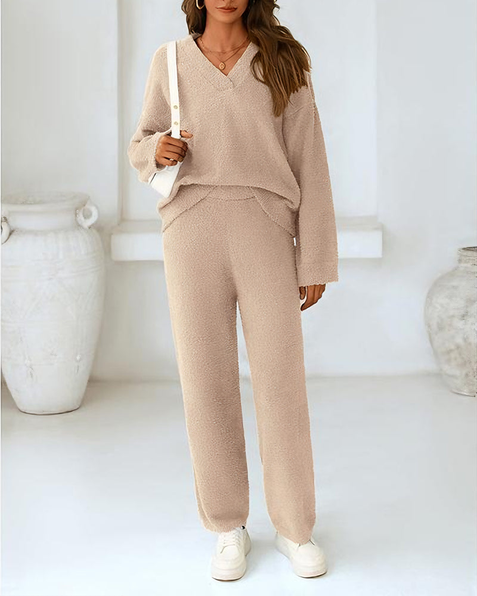 Ultra Soft Marshmallow 2-Piece Lounge Set – V-Neck Top & Wide-Leg Pants