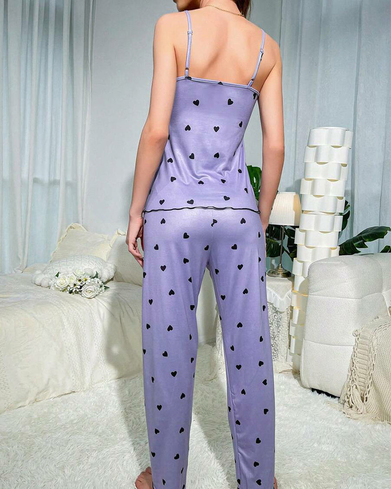 Heart-Print Long Pants Pajama Set – Cozy Loungewear