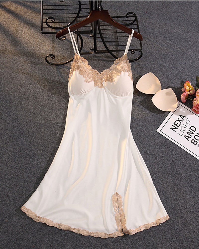 Sexy Contrast Lace V-Neck Satin Babydoll Nightgown