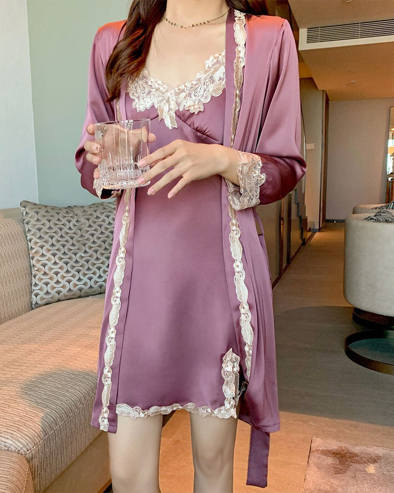 Sexy Contrast Lace V-Neck Satin Babydoll Nightgown