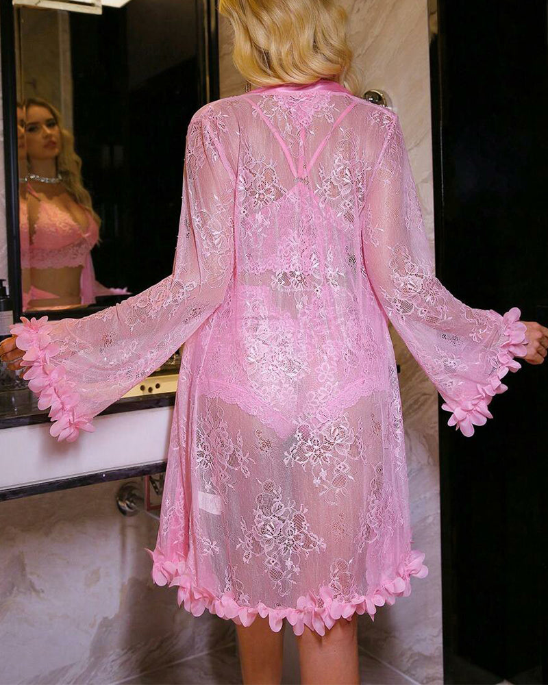 Sexy French-Style Sheer Lace Lingerie Set – Camisole, Shorts & Robe