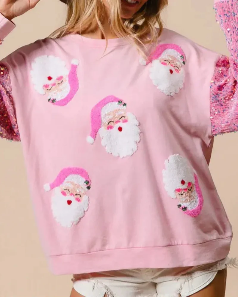 Women's Santa Claus Sequin Sleeve Sweatshirt – Festive Long Sleeve Crew Neck Top