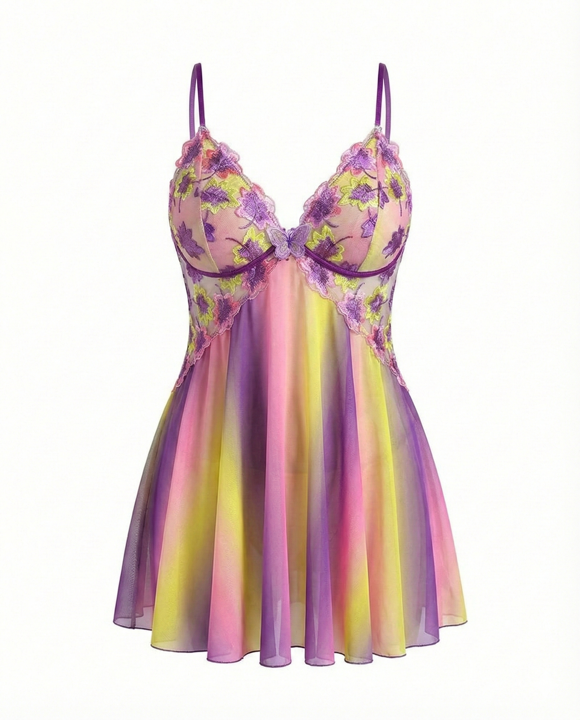 Plus Size Rainbow Ombre Camisole Nightgown – Backless & Floral Mesh Design