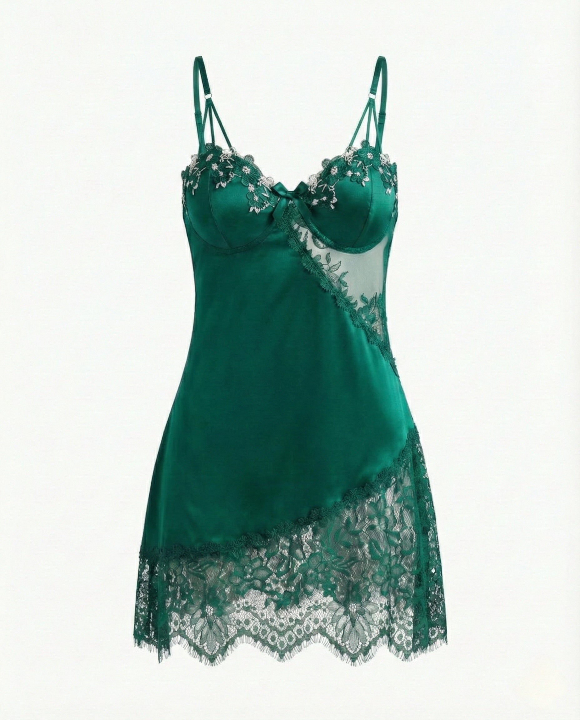 Plus Size Faux Silk Camisole Nightgown with Contrast Floral Lace