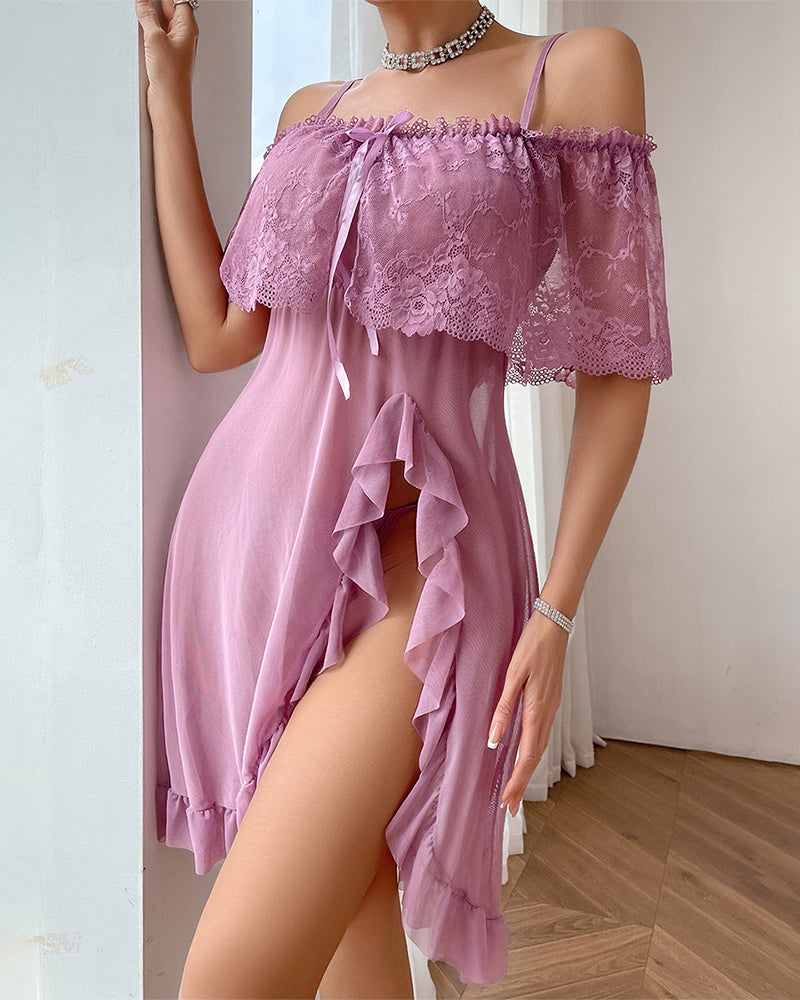 Sexy Plus Size Sheer Lace Off-Shoulder Long Nightdress with Panty