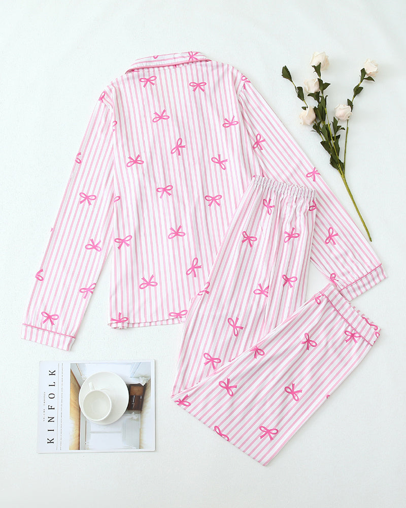 Cozy Striped Pajama Set – Long Sleeve Top with Cute Bow Print