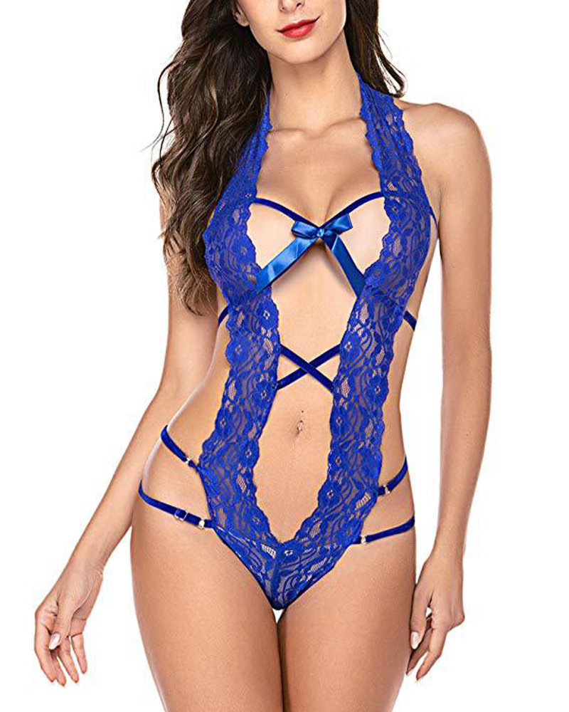 Plunging Halter Lace Bodysuit Lingerie
