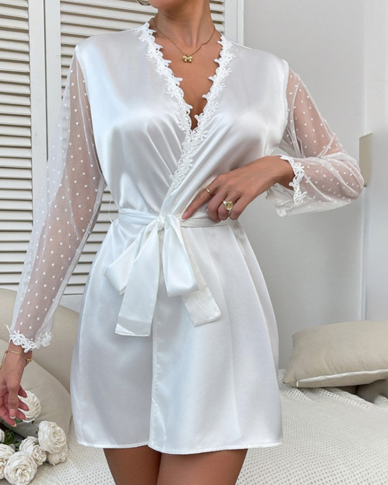 Contrast Lace V-Neck Polka Dot Mesh Sleeve Nightgown with Sexy Tied Detail Babydoll Robe