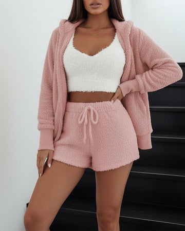 Women’s 3-Piece Sherpa Fleece Loungewear Set – Long Sleeve Top, Shorts & Pants