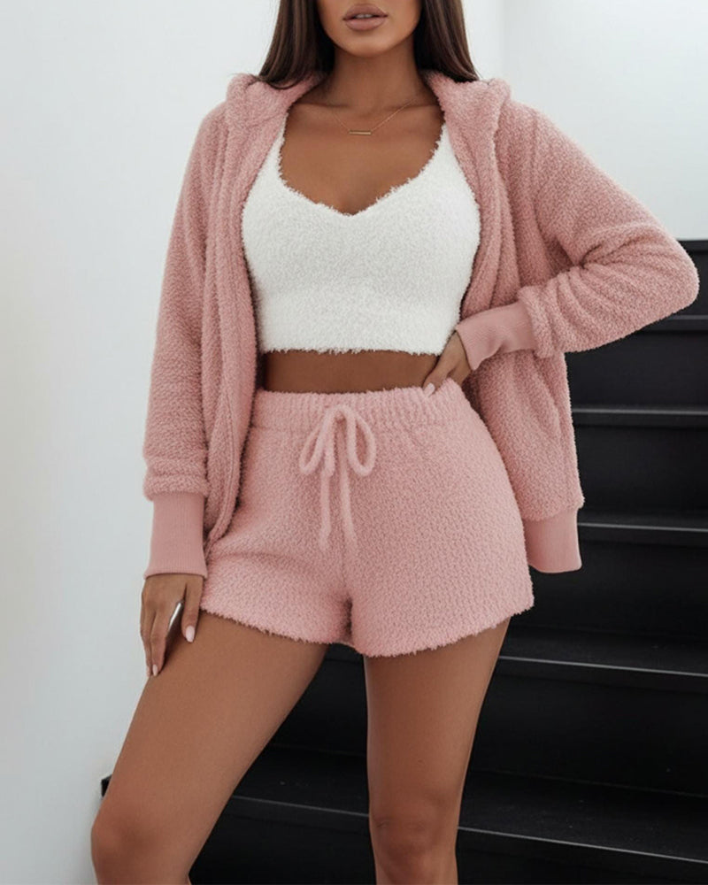 Women’s 3-Piece Sherpa Fleece Loungewear Set – Long Sleeve Top, Shorts & Pants