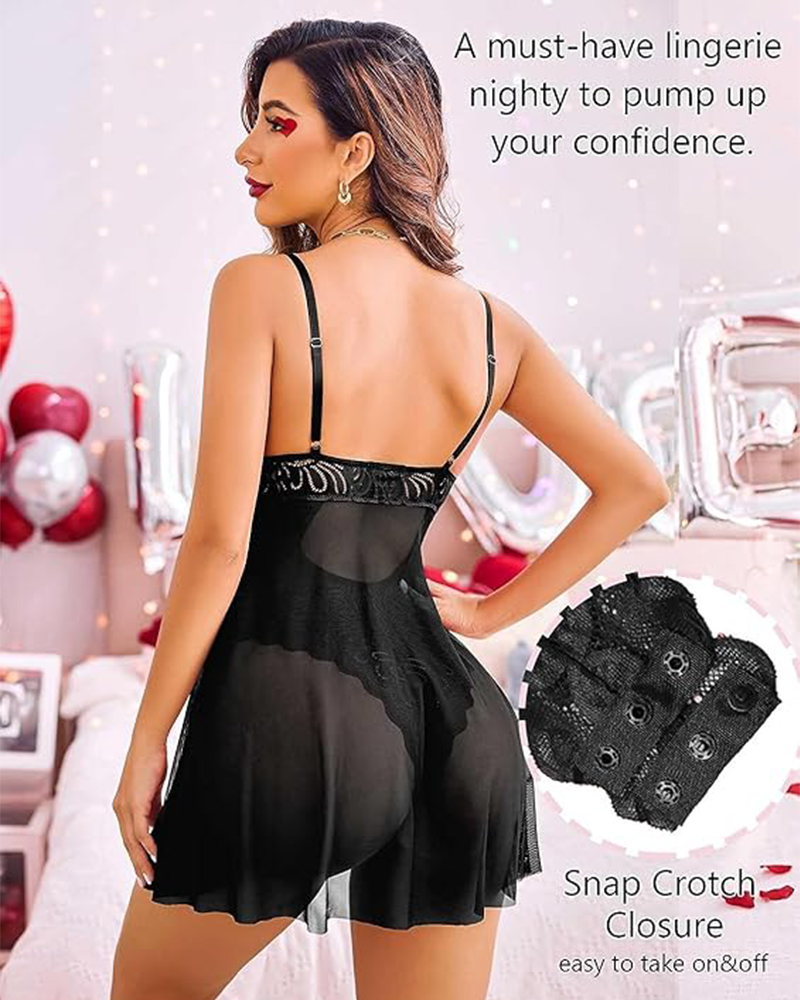 Floral Lace Snap Crotch Babydoll – Sexy Mesh Lingerie Nightgown for Women