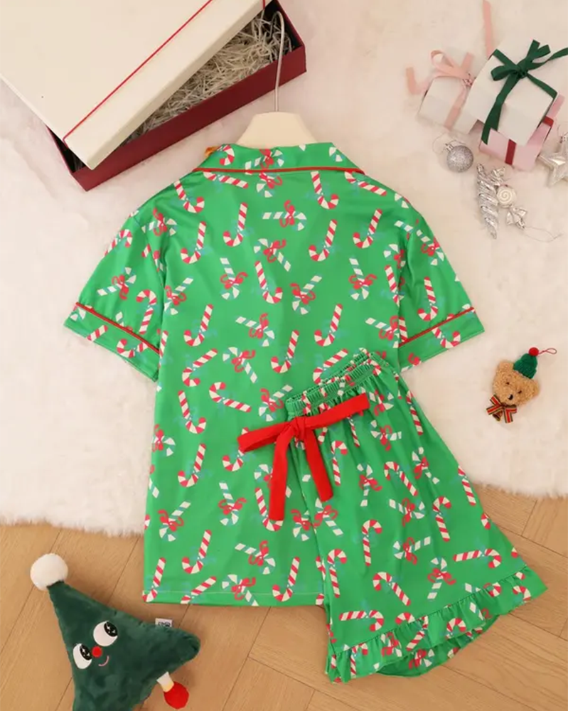 Candy Cane Print Button Pajama Set