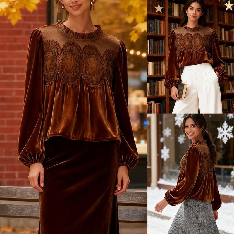 Women's Velvet Trim Lace Blouse – Elegant Flared Long Sleeve Top
