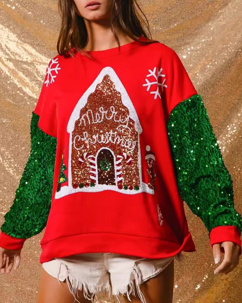Women's Santa Claus Sequin Sleeve Sweatshirt – Festive Long Sleeve Crew Neck Top