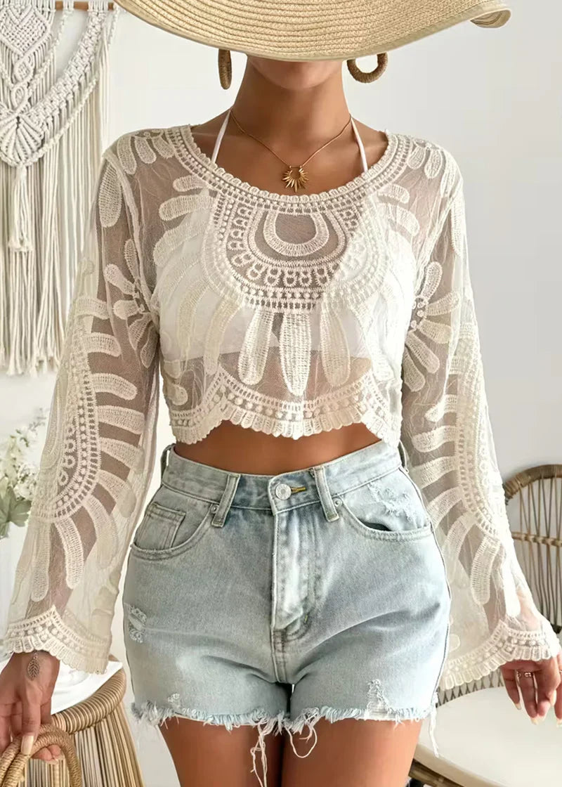 Women’s Floral Embroidery Sheer Beach Cover-Up