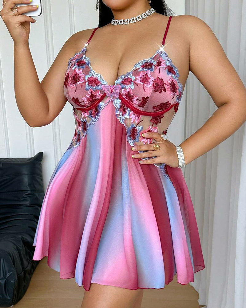 Plus Size Rainbow Ombre Camisole Nightgown – Backless & Floral Mesh Design