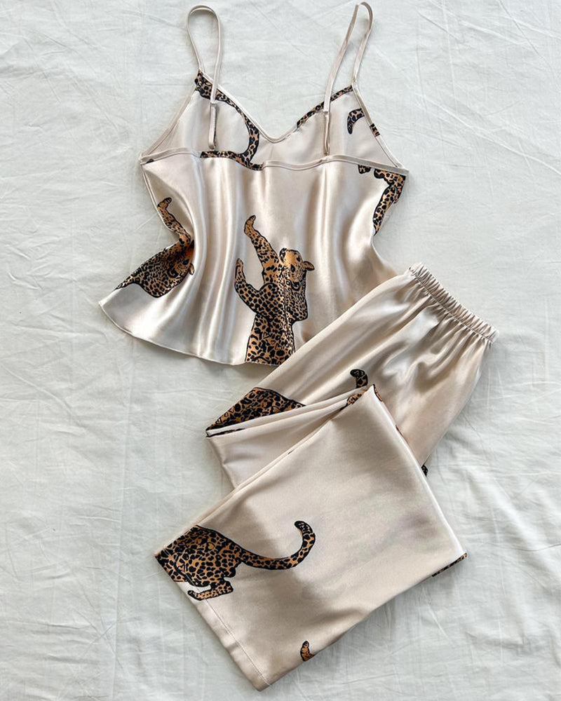 Sexy Leopard Print Satin Cami and Long Pants Pajama Set