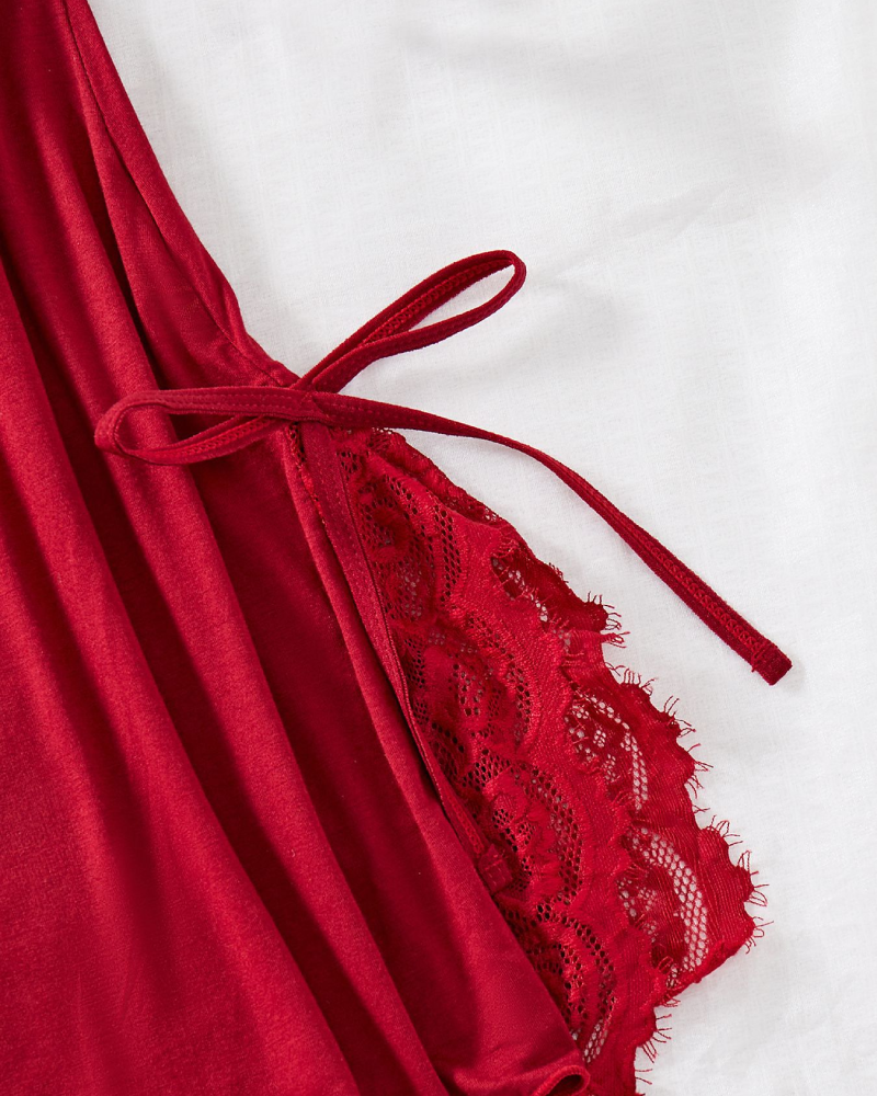 Bow Lace Contrast Cami Nightdress & Thong Set