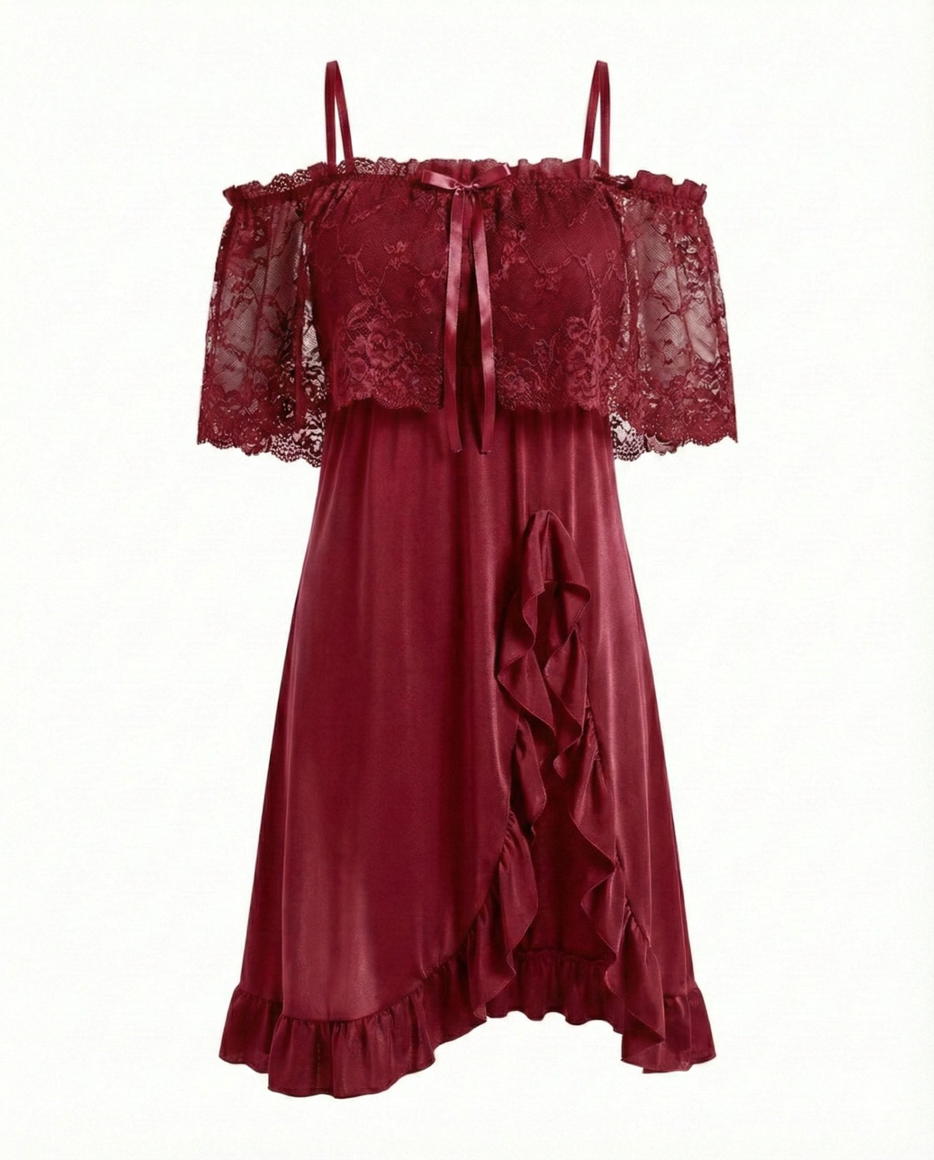 Sexy Plus Size Sheer Lace Off-Shoulder Long Nightdress with Panty
