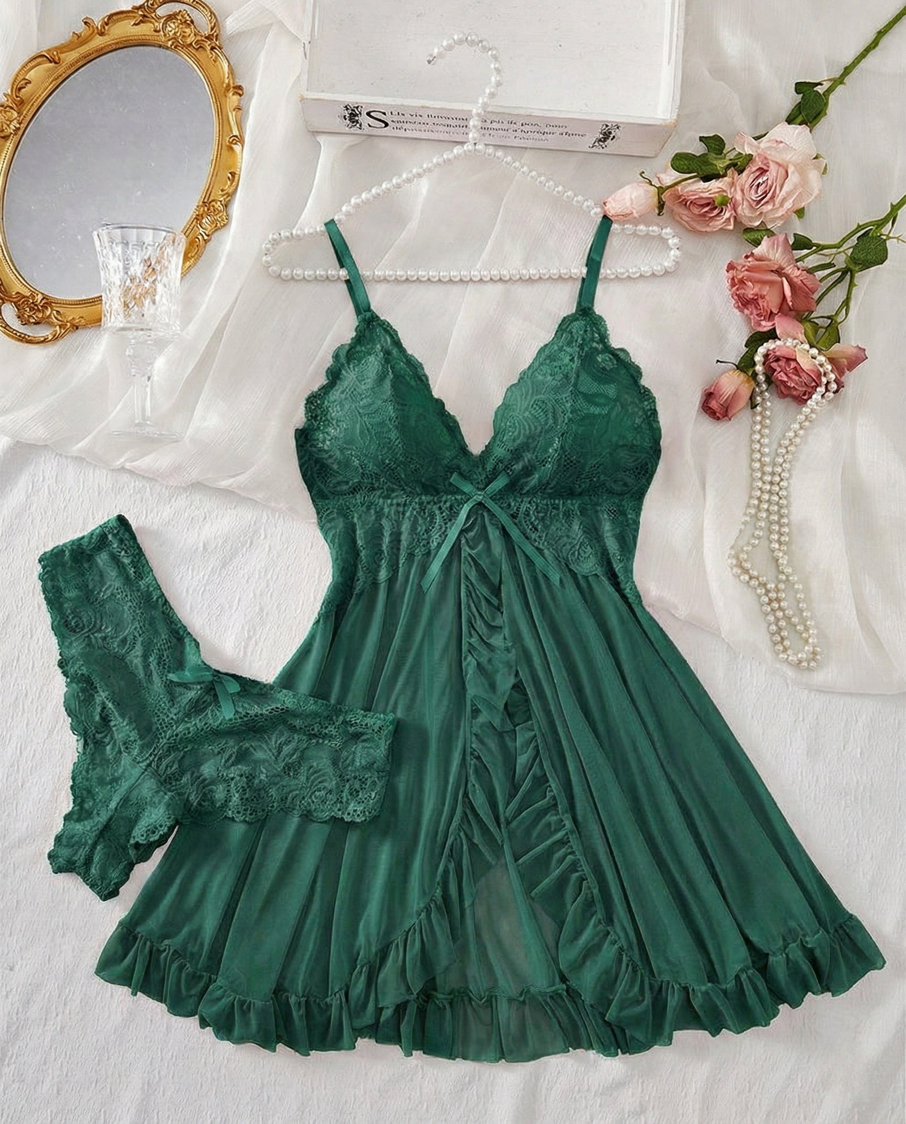 Sexy Lingerie V-Neck Lace Ruffle Trim Cami Nightdress & Panty Set Babydoll