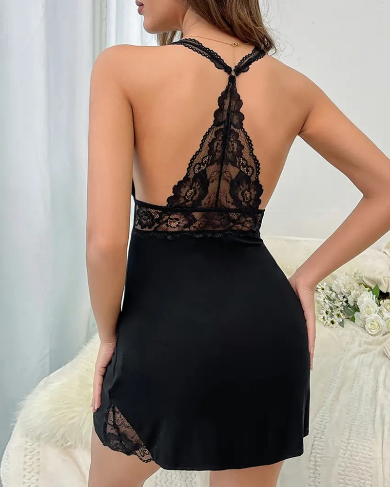 Contrast Lace V-Neck Sleeveless Babydoll with Sexy Backless Mini Sleepwear Dress