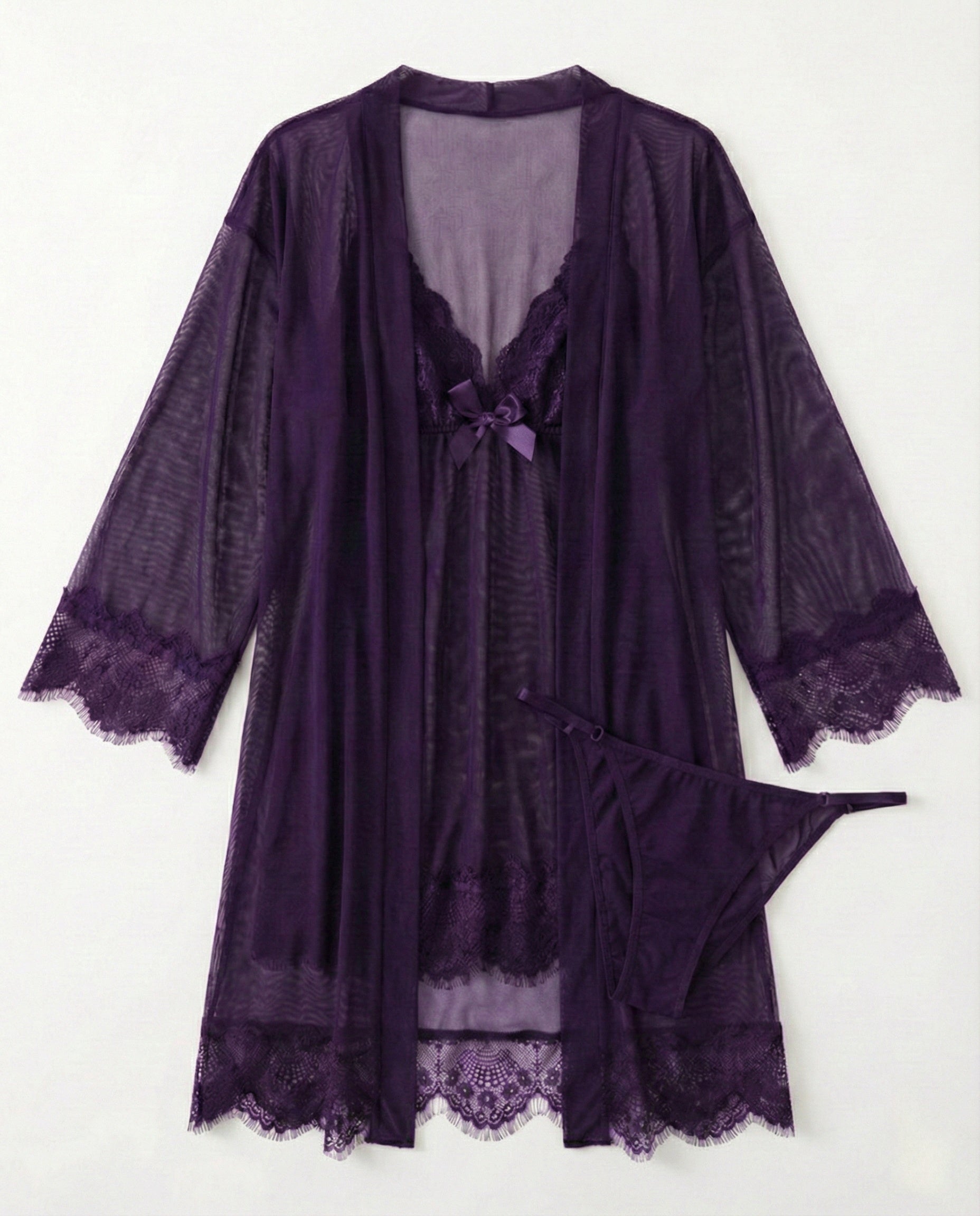 Sexy 3-Piece Lingerie Set for Women – Mesh Kimono Robe & Lace Babydoll Dress