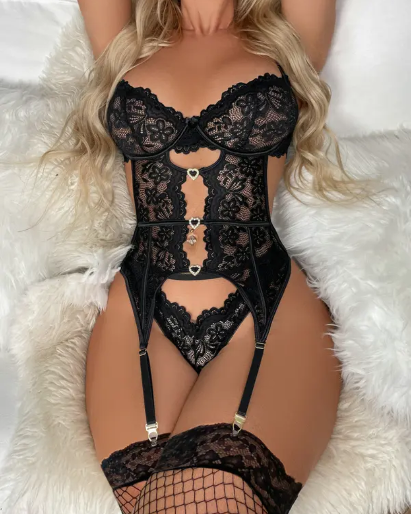 Women's Floral Lace Mesh Teddy Bodysuit with Garter Belts-Sexy,Comfy Lingerie
