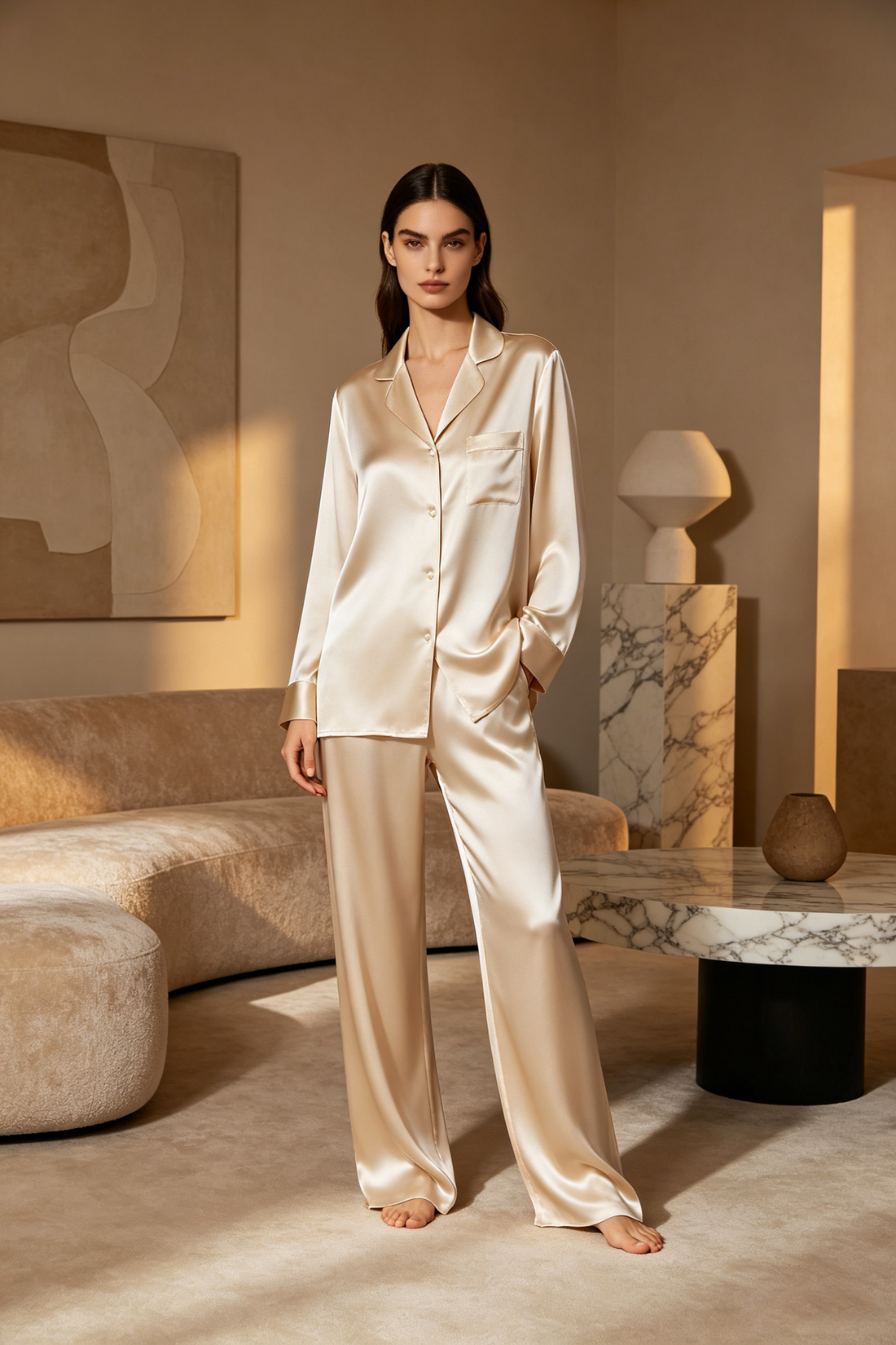 Luxury Satin Long Sleeve Pajama Set - Champagne Gold