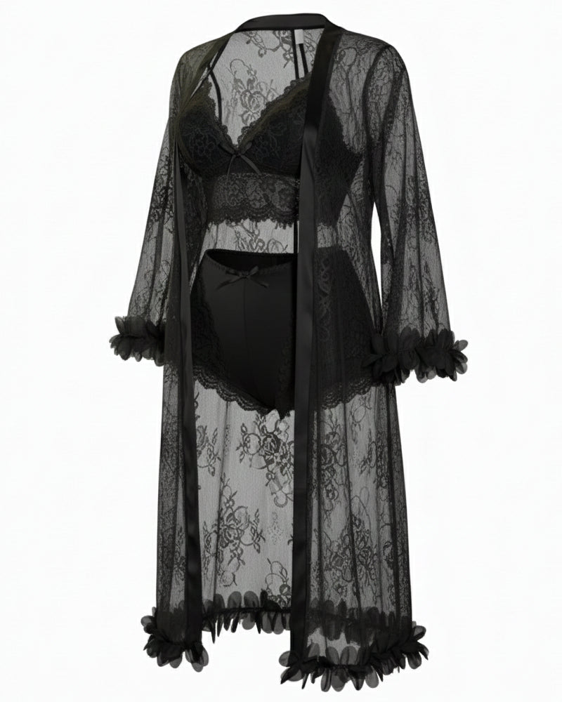 Sexy French-Style Sheer Lace Lingerie Set – Camisole, Shorts & Robe