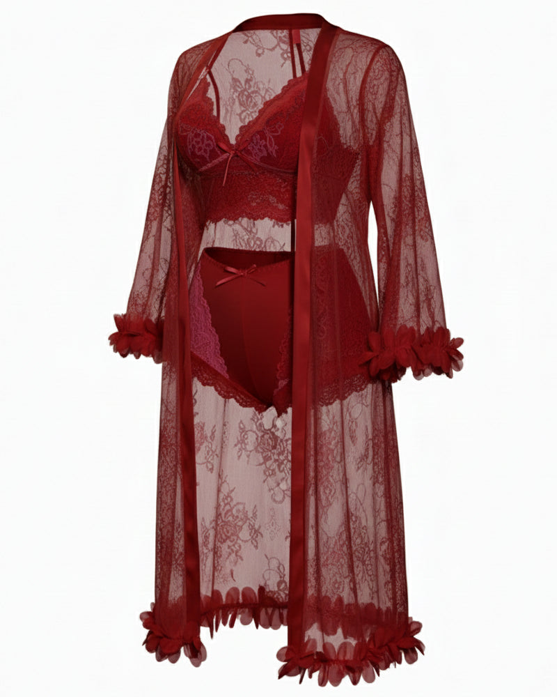 Sexy French-Style Sheer Lace Lingerie Set – Camisole, Shorts & Robe