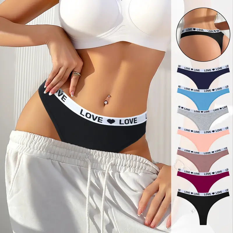 Women’s Cotton Heart Waistband Low-Waist Thong Panties 7-Pack