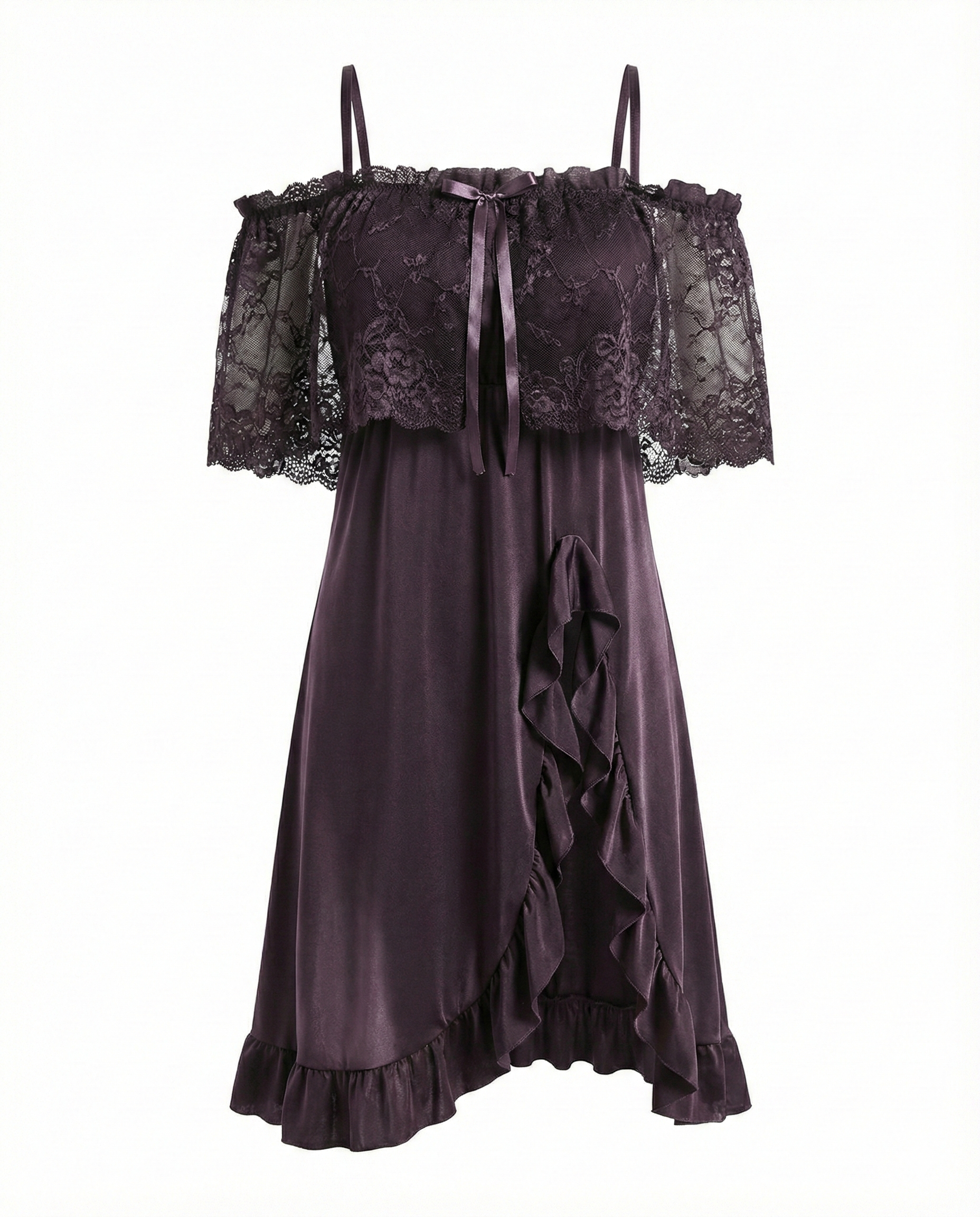 Sexy Plus Size Sheer Lace Off-Shoulder Long Nightdress with Panty