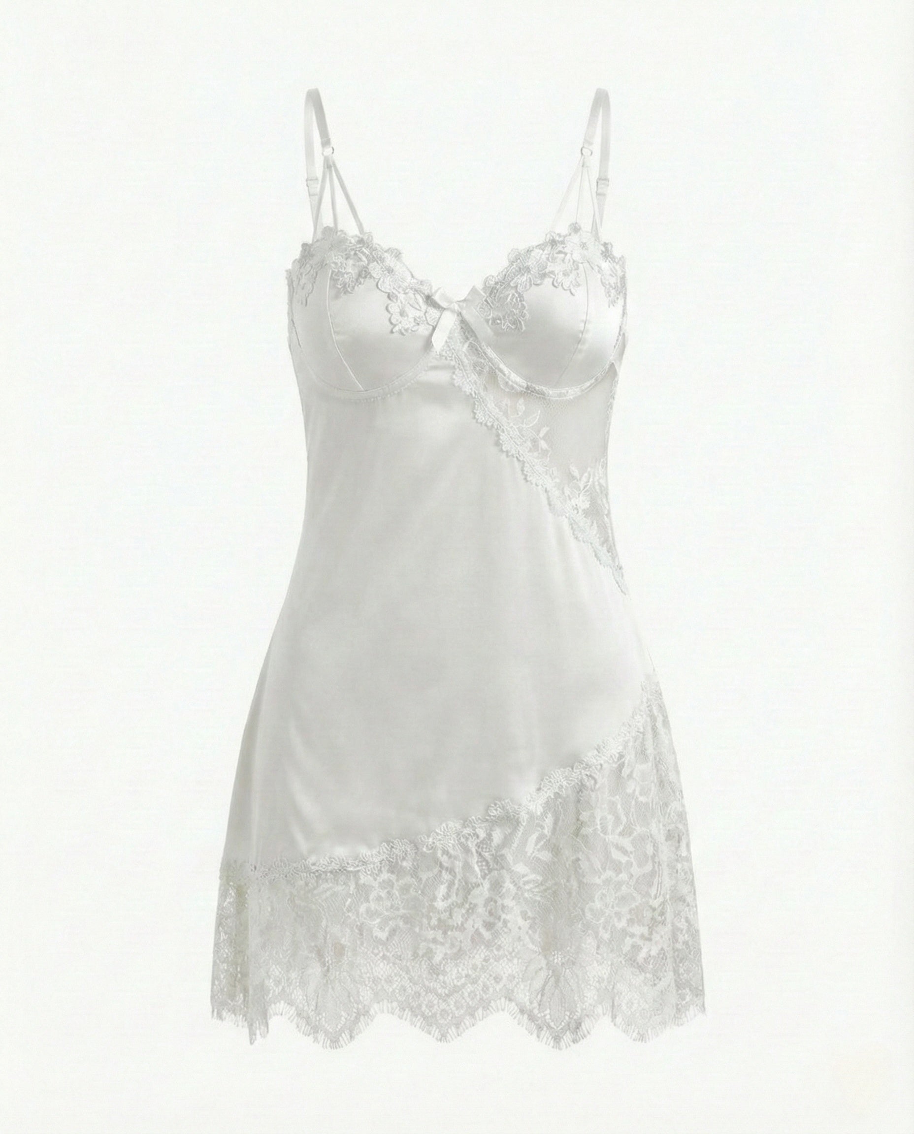 Plus Size Faux Silk Camisole Nightgown with Contrast Floral Lace