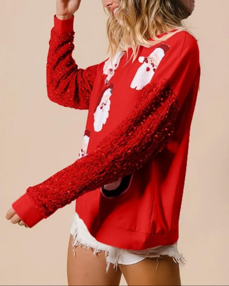 Women's Santa Claus Sequin Sleeve Sweatshirt – Festive Long Sleeve Crew Neck Top