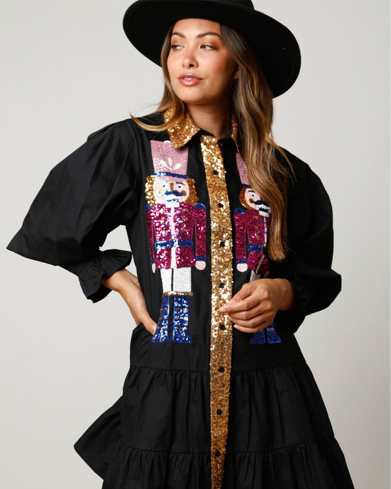 Christmas Sequin Nutcracker Shirt Dress