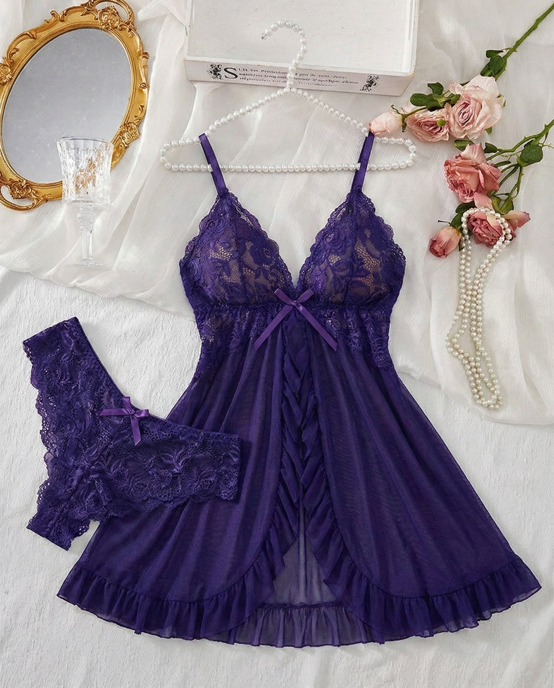 Sexy Lingerie V-Neck Lace Ruffle Trim Cami Nightdress & Panty Set Babydoll