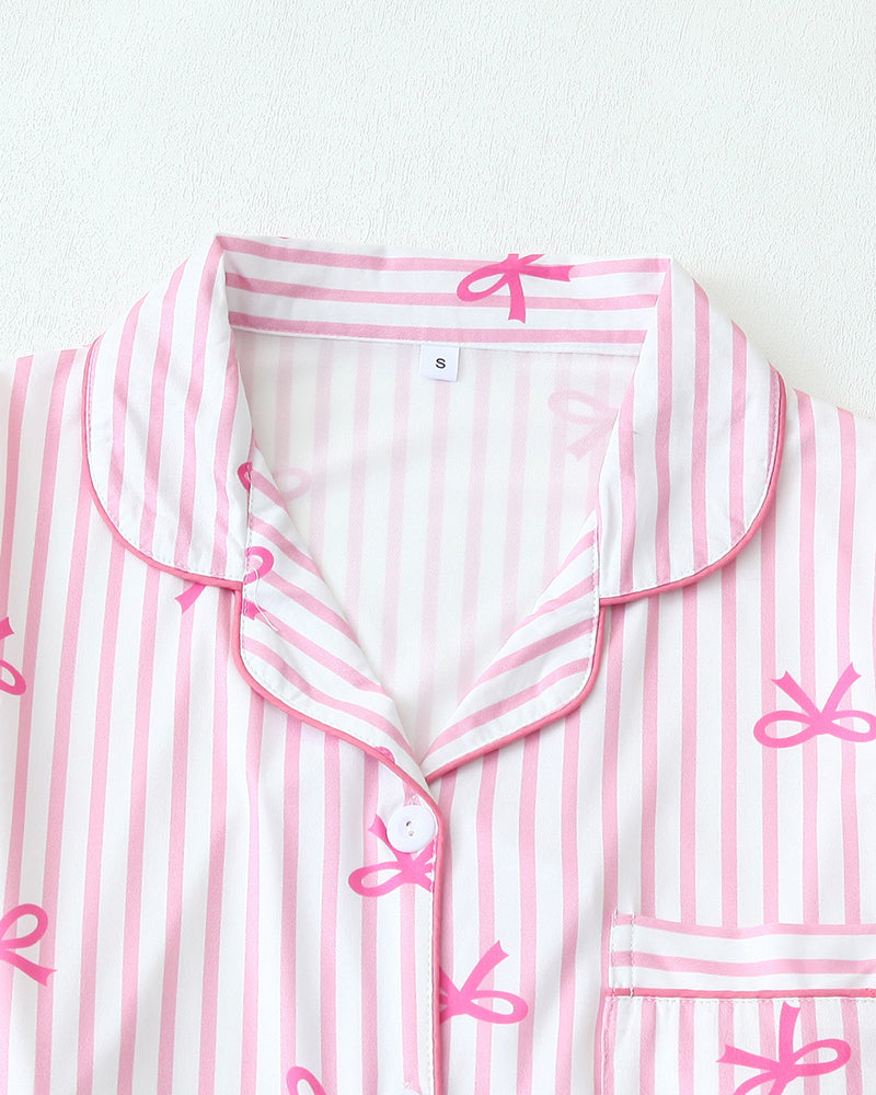 Cozy Striped Pajama Set – Long Sleeve Top with Cute Bow Print