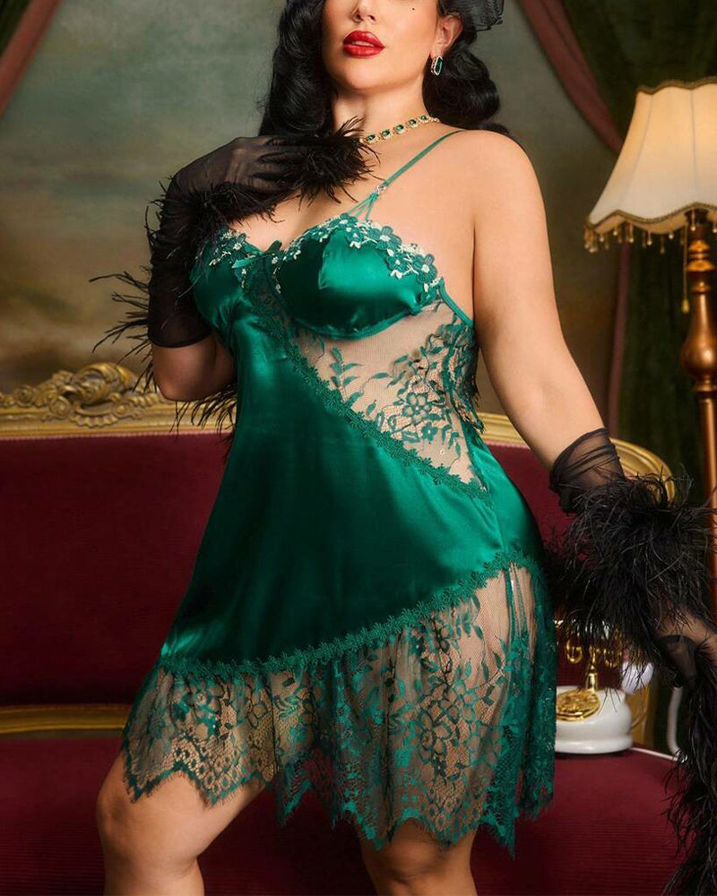 Plus Size Faux Silk Camisole Nightgown with Contrast Floral Lace