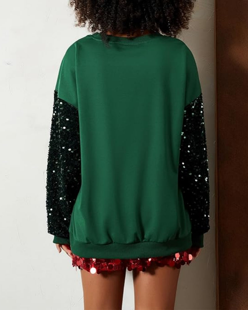 Women's Santa Claus Sequin Sleeve Sweatshirt – Festive Long Sleeve Crew Neck Top