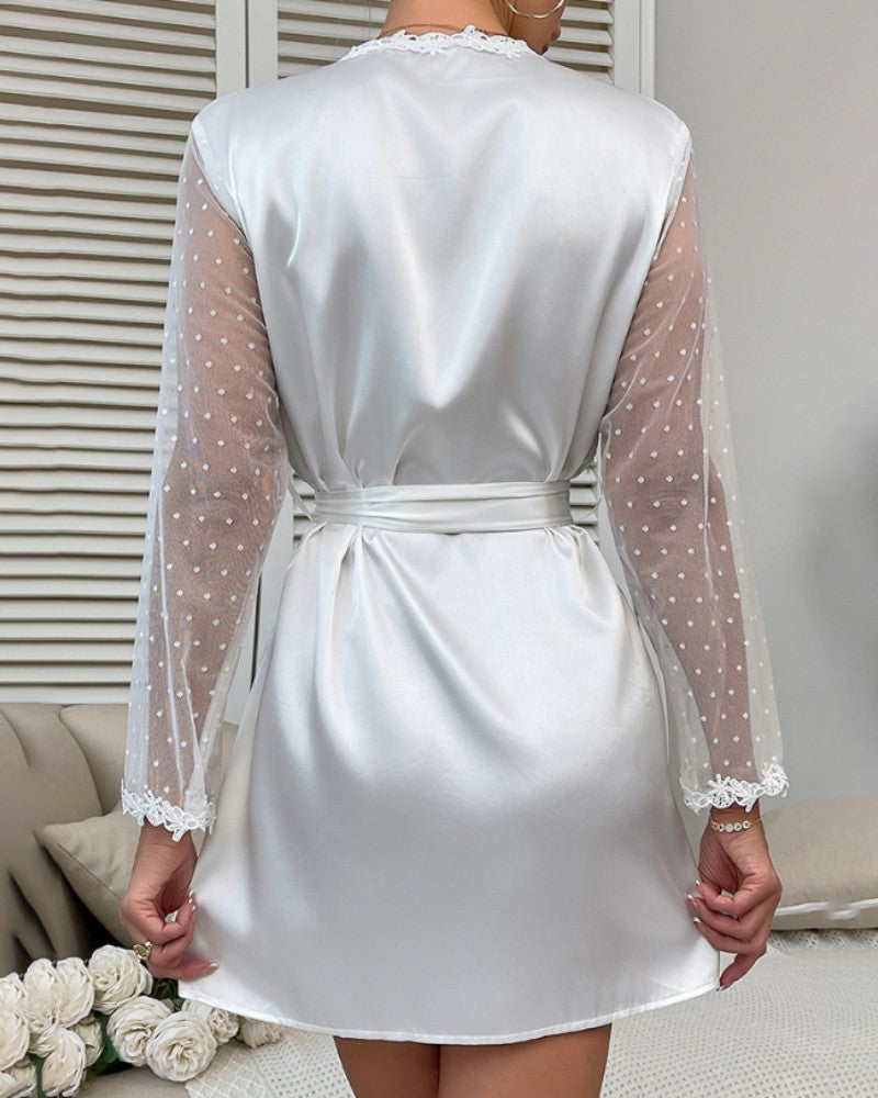 Contrast Lace V-Neck Polka Dot Mesh Sleeve Nightgown with Sexy Tied Detail Babydoll Robe