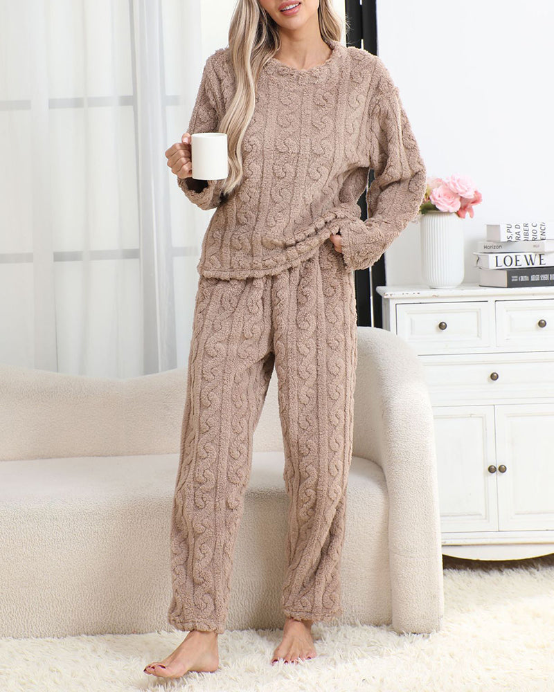 Cozy Coral Fleece Jacquard Loungewear Set