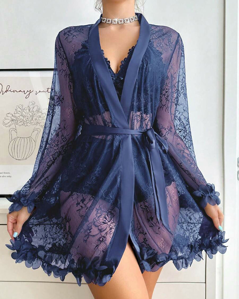 Sexy French-Style Sheer Lace Lingerie Set – Camisole, Shorts & Robe