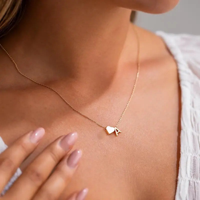 Tiny Heart Initial Necklace – 14K Gold Plated A–Z Letter Pendant, Dainty Personalized Gift for Women